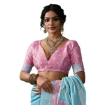 Generic Women's Linen Cotton Printed Saree With Unstitched Blouse 5.5Mtr (Sky Blue) - Image 2