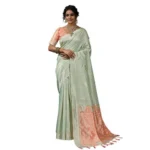 Generic Women's Linen Cotton Printed Saree With Unstitched Blouse 5.5Mtr (Pista Green) - Image 6