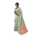 Generic Women's Linen Cotton Printed Saree With Unstitched Blouse 5.5Mtr (Pista Green) - Image 4