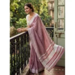 Generic Women's Linen Striped Saree With Unstitched Blouse 5.5Mtr (Magenta)