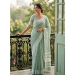 Generic Women's Linen Striped Saree With Unstitched Blouse 5.5Mtr (Sea Green)