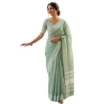 Generic Women's Linen Striped Saree With Unstitched Blouse 5.5Mtr (Sea Green) - Image 3