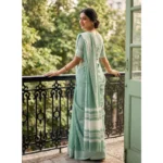 Generic Women's Linen Striped Saree With Unstitched Blouse 5.5Mtr (Sea Green) - Image 2