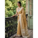 Generic Women's Linen Striped Saree With Unstitched Blouse 5.5Mtr (Mustard Yellow)