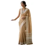 Generic Women's Linen Striped Saree With Unstitched Blouse 5.5Mtr (Mustard Yellow) - Image 3