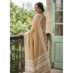 Generic Women's Linen Striped Saree With Unstitched Blouse 5.5Mtr (Mustard Yellow) - Image 2