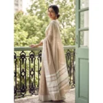 Generic Women's Linen Striped Saree With Unstitched Blouse 5.5Mtr (Lite Brown)