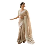 Generic Women's Linen Striped Saree With Unstitched Blouse 5.5Mtr (Lite Brown) - Image 3
