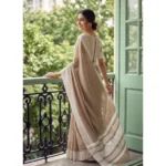 Generic Women's Linen Striped Saree With Unstitched Blouse 5.5Mtr (Lite Brown) - Image 2