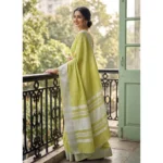 Generic Women's Linen Striped Saree With Unstitched Blouse 5.5Mtr (Light Green)