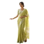 Generic Women's Linen Striped Saree With Unstitched Blouse 5.5Mtr (Light Green) - Image 3