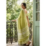 Generic Women's Linen Striped Saree With Unstitched Blouse 5.5Mtr (Light Green) - Image 2