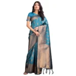 Generic Women's Banarasi Silk Printed Saree With Unstitched Blouse 5.5Mtr (Blue) - Image 5