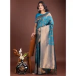 Generic Women's Banarasi Silk Printed Saree With Unstitched Blouse 5.5Mtr (Blue) - Image 3