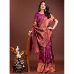 Generic Women's Banarasi Silk Printed Saree With Unstitched Blouse 5.5Mtr (Purple)