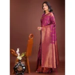 Generic Women's Banarasi Silk Printed Saree With Unstitched Blouse 5.5Mtr (Purple) - Image 3