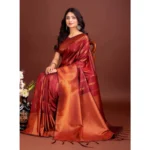 Generic Women's Banarasi Silk Printed Saree With Unstitched Blouse 5.5Mtr (Maroon)