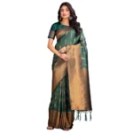 Generic Women's Banarasi Silk Printed Saree With Unstitched Blouse 5.5Mtr (Green) - Image 5