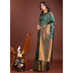 Generic Women's Banarasi Silk Printed Saree With Unstitched Blouse 5.5Mtr (Green) - Image 3