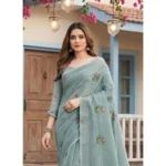 Generic Women's Linen Embroidered Saree With Unstitched Blouse 5.5Mtr (Sea Green)