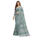 Generic Women's Linen Embroidered Saree With Unstitched Blouse 5.5Mtr (Sea Green) - Image 6