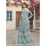 Generic Women's Linen Embroidered Saree With Unstitched Blouse 5.5Mtr (Sea Green) - Image 5
