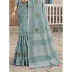 Generic Women's Linen Embroidered Saree With Unstitched Blouse 5.5Mtr (Sea Green) - Image 4