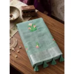 Generic Women's Linen Embroidered Saree With Unstitched Blouse 5.5Mtr (Sea Green) - Image 2