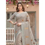 Generic Women's Linen Embroidered Saree With Unstitched Blouse 5.5Mtr (Light Beige)