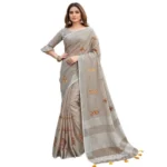 Generic Women's Linen Embroidered Saree With Unstitched Blouse 5.5Mtr (Light Beige) - Image 6
