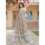 Generic Women's Linen Embroidered Saree With Unstitched Blouse 5.5Mtr (Light Beige) - Image 5