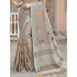 Generic Women's Linen Embroidered Saree With Unstitched Blouse 5.5Mtr (Light Beige) - Image 4