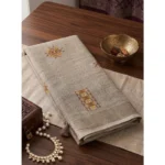 Generic Women's Linen Embroidered Saree With Unstitched Blouse 5.5Mtr (Light Beige) - Image 2