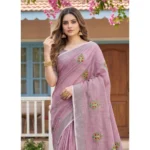 Generic Women's Linen Embroidered Saree With Unstitched Blouse 5.5Mtr (Light Purple)