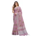 Generic Women's Linen Embroidered Saree With Unstitched Blouse 5.5Mtr (Light Purple) - Image 6