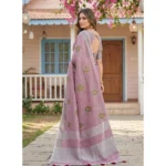 Generic Women's Linen Embroidered Saree With Unstitched Blouse 5.5Mtr (Light Purple) - Image 5