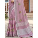 Generic Women's Linen Embroidered Saree With Unstitched Blouse 5.5Mtr (Light Purple) - Image 4