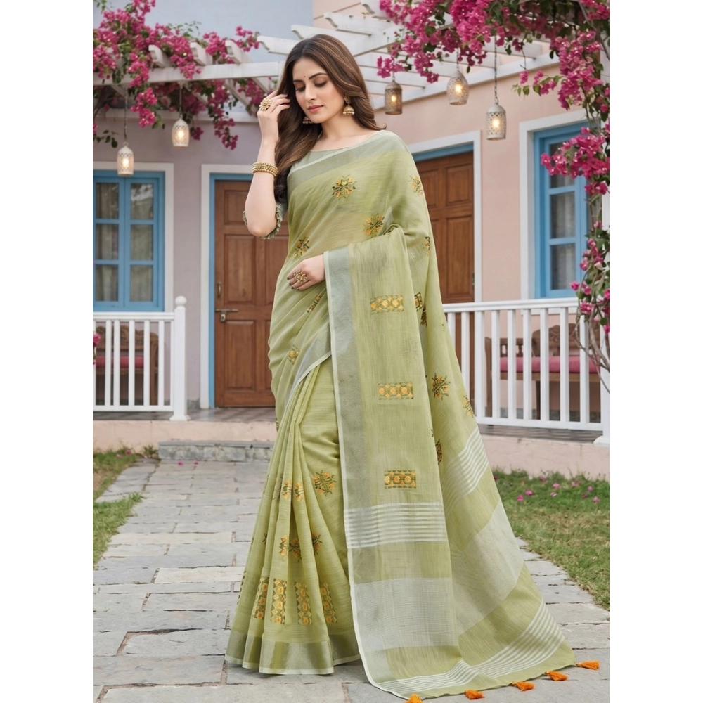 PID-67072-Women-s-Linen-Printed-Saree-With-Unstitched-Blouse-5-5-Mtr-Pista-Green-1-1000x1000-1.webp Generic Women's Linen Embroidered Saree With Unstitched Blouse 5.5Mtr (Light Green) - Image 1