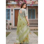 Generic Women's Linen Embroidered Saree With Unstitched Blouse 5.5Mtr (Light Green) - Image 5