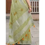 Generic Women's Linen Embroidered Saree With Unstitched Blouse 5.5Mtr (Light Green) - Image 4
