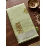 Generic Women's Linen Embroidered Saree With Unstitched Blouse 5.5Mtr (Light Green) - Image 2