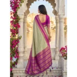 Generic Women's Silk Blend Printed Saree With Unstitched Blouse 5.5Mtr (Light Green-Pink) - Image 3