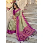 Generic Women's Silk Blend Printed Saree With Unstitched Blouse 5.5Mtr (Light Green-Pink) - Image 2