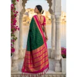 Generic Women's Silk Blend Printed Saree With Unstitched Blouse 5.5Mtr (Dark Green-Pink) - Image 3
