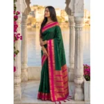 Generic Women's Silk Blend Printed Saree With Unstitched Blouse 5.5Mtr (Dark Green-Pink) - Image 2