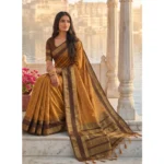 Generic Women's Silk Blend Printed Saree With Unstitched Blouse 5.5Mtr (Mustard-Brown)