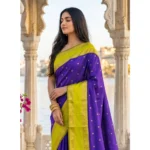 Generic Women's Silk Blend Printed Saree With Unstitched Blouse 5.5Mtr (Purple-Green) - Image 2