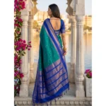 Generic Women's Silk Blend Printed Saree With Unstitched Blouse 5.5Mtr (Teal-Blue) - Image 3