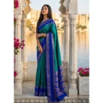 Generic Women's Silk Blend Printed Saree With Unstitched Blouse 5.5Mtr (Teal-Blue) - Image 2