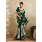 Generic Women's Silk Blend Printed Saree With Unstitched Blouse 5.5Mtr (Dark Green)